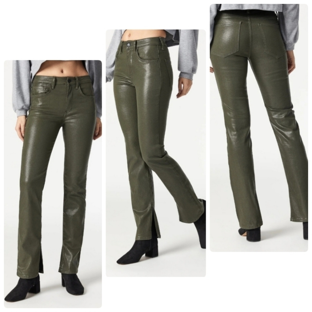 Mavi Maria Slit Hem High Rise Flare Vegan Leather Khaki Jeather Moto Pants Sz 27